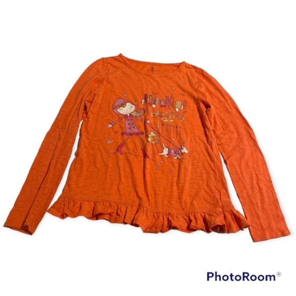 Lands End Kids Round Neck Long Sleeve Ruffle Hem Pullover Top Orange Size L